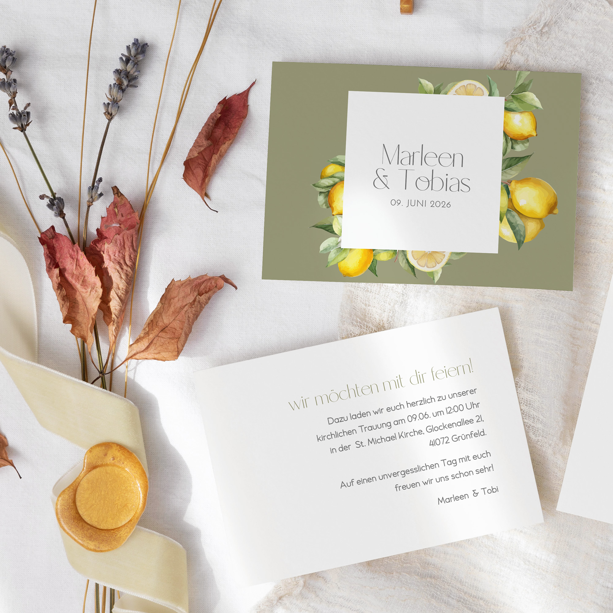 Postkarte DIN A6 im Querformat - Aquarell "Olive & Lemon"