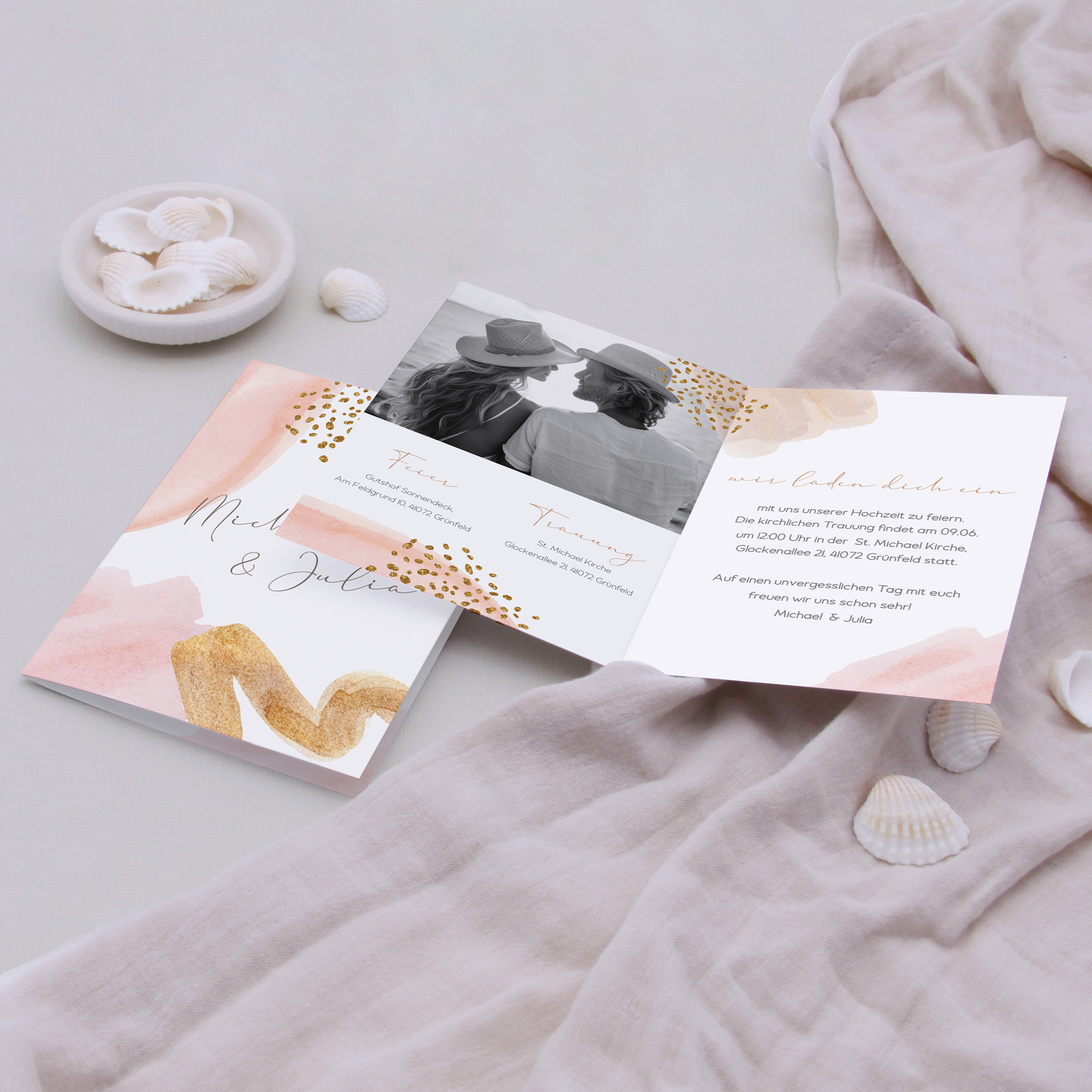 Klappkarte DIN A6 im Hochformat -Aquarell "Golden Blush"