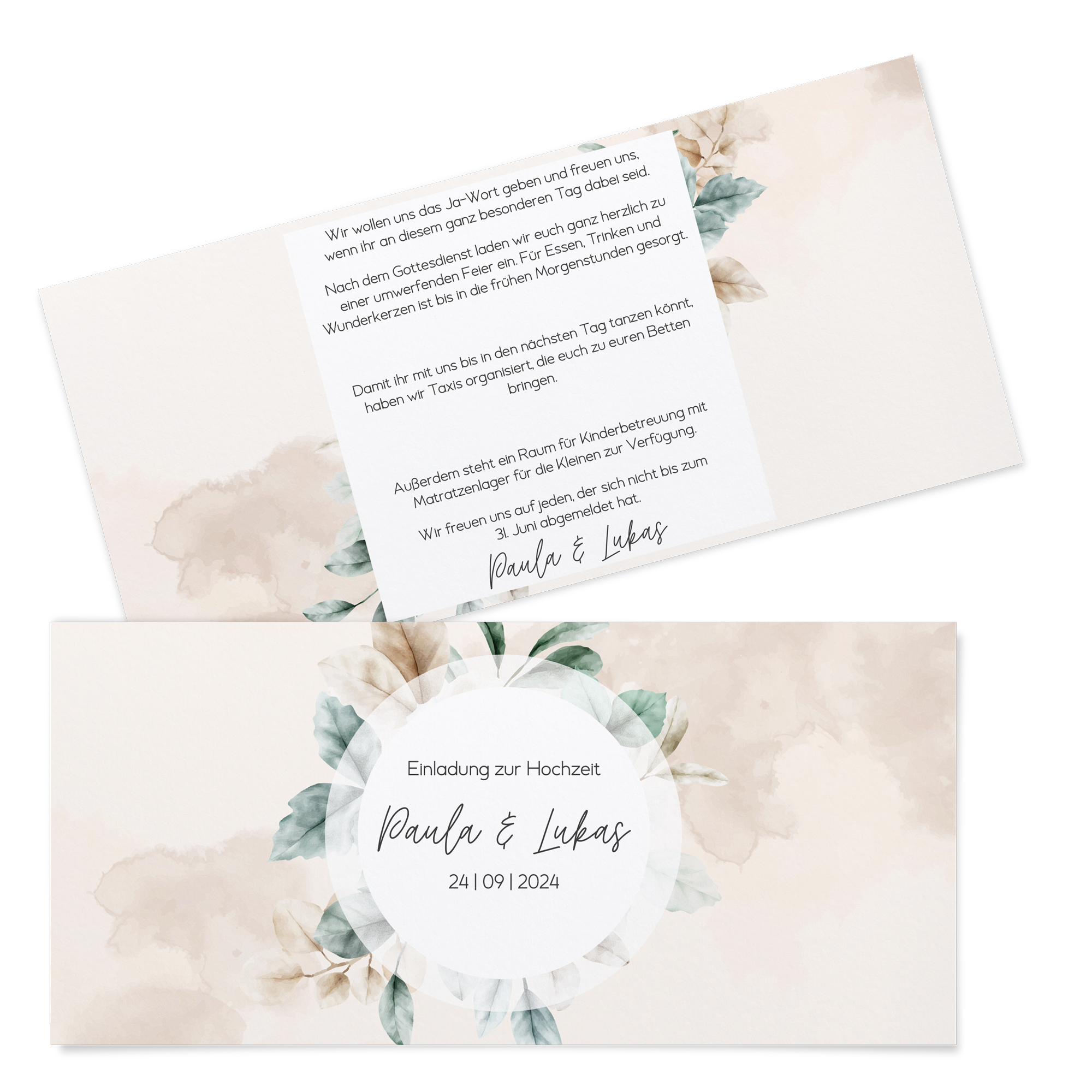 Postkarten DIN lang im Querformat 210 x 98 mm - Aquarell "leaf & taupe"