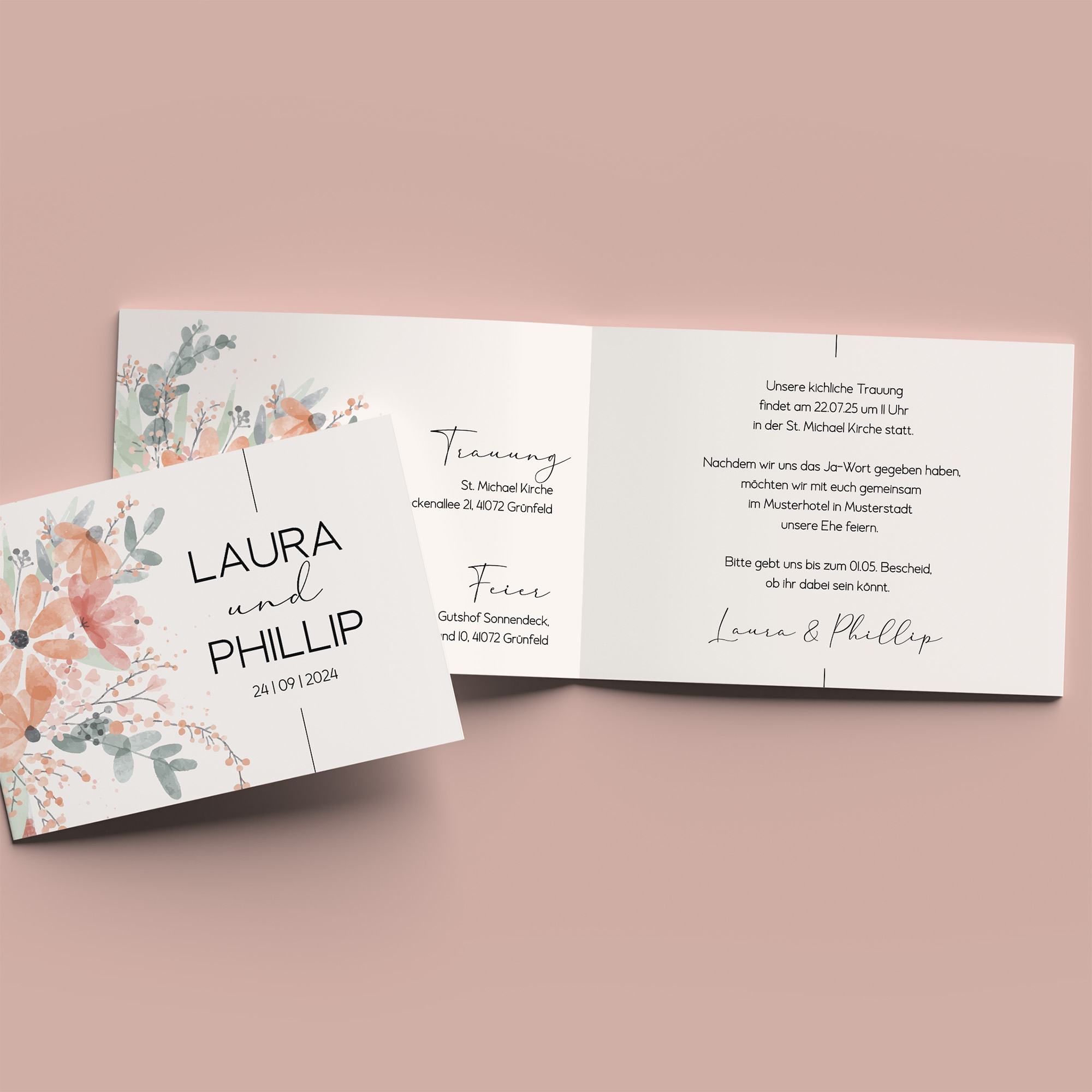 Klappkarte DIN A6 im Querformat - Aquarell "terracotta bloom"