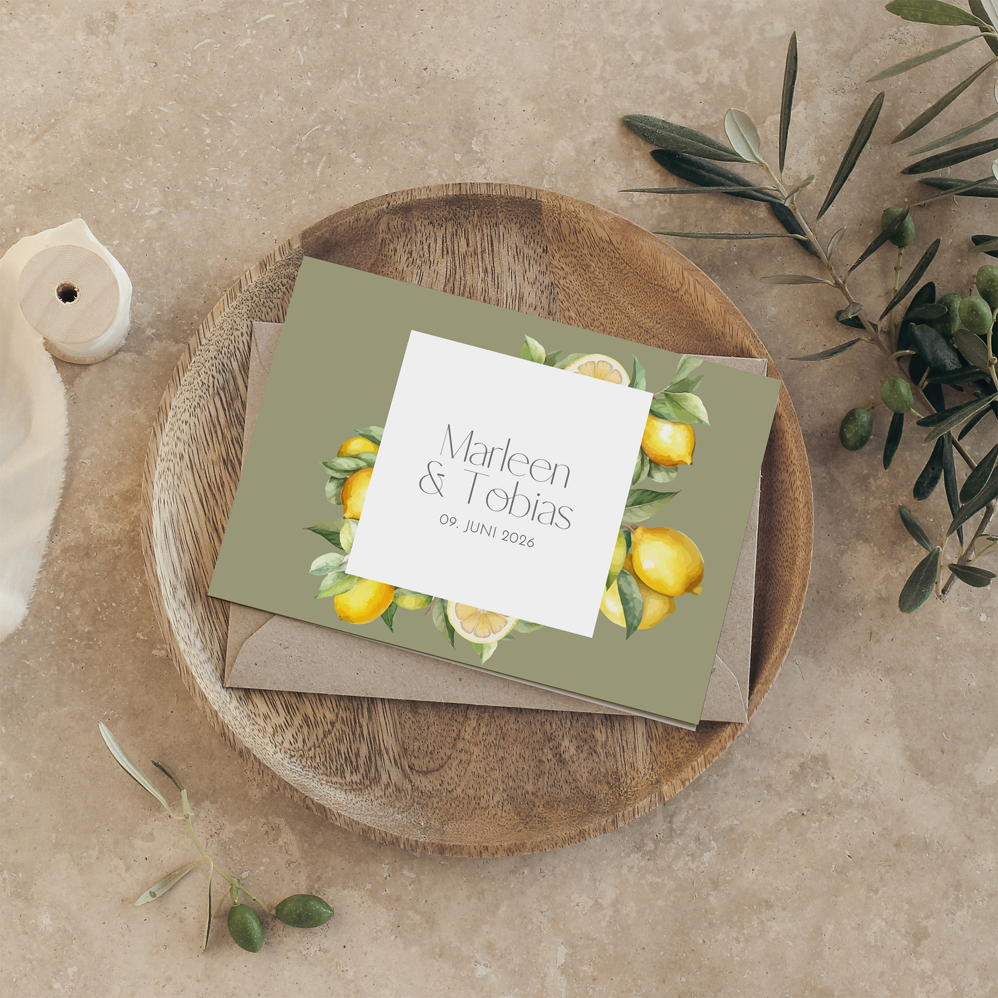 Klappkarte DIN A6 im Querformat - Aquarell "Olive & Lemon"