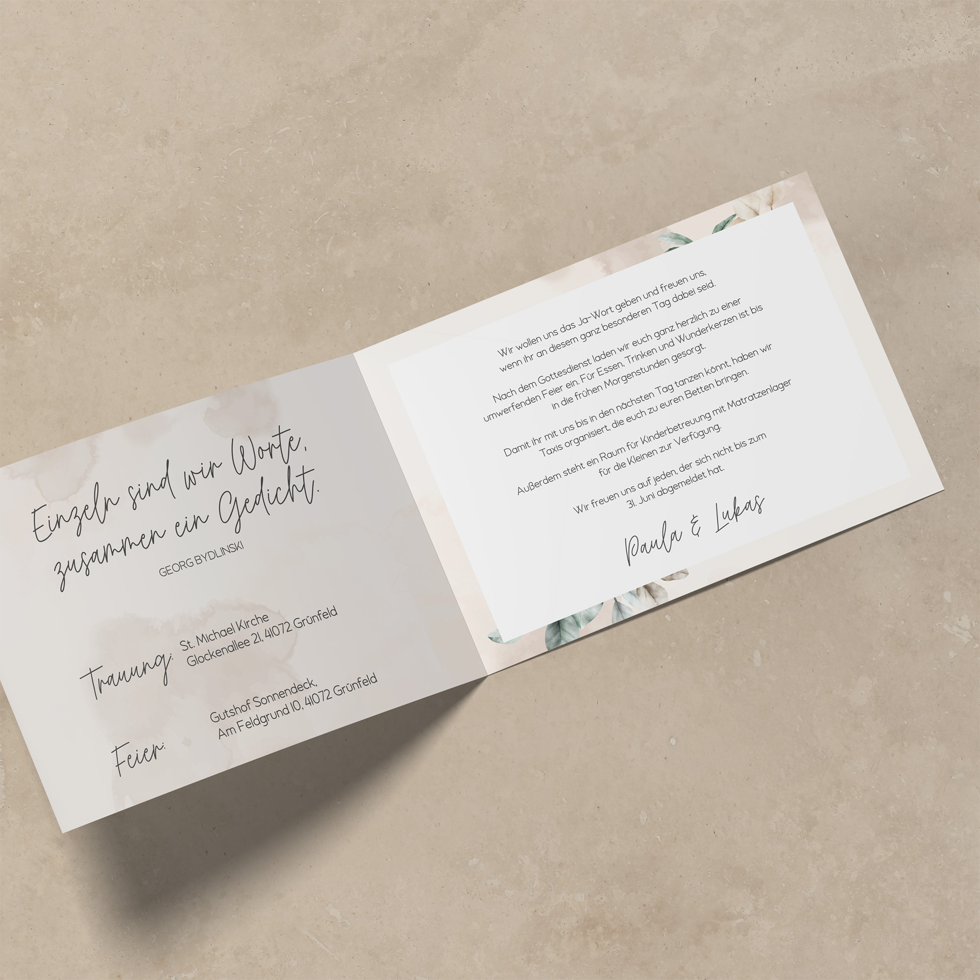 Klappkarte DIN A6 im Querformat - Aquarell "leaf & taupe"