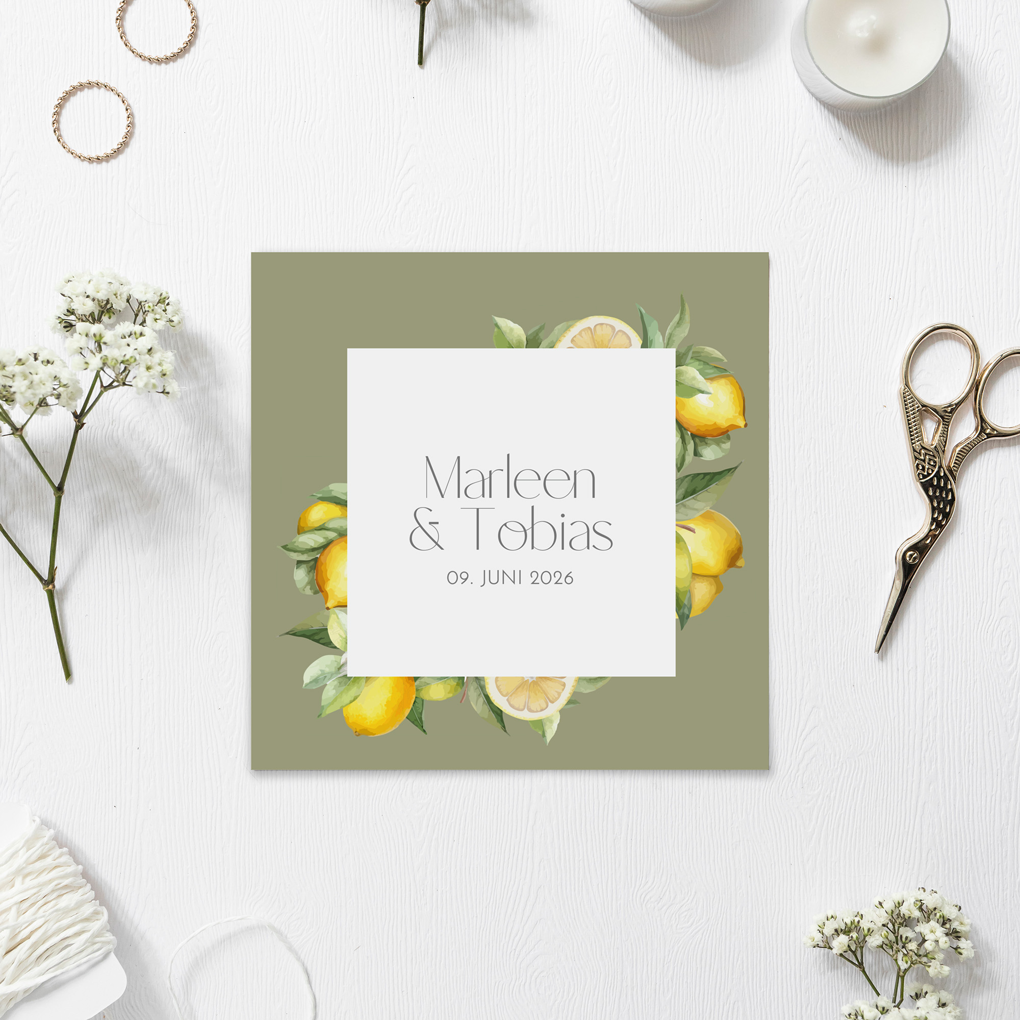 Postkarte Quadrat - Aquarell "Olive & Lemon"