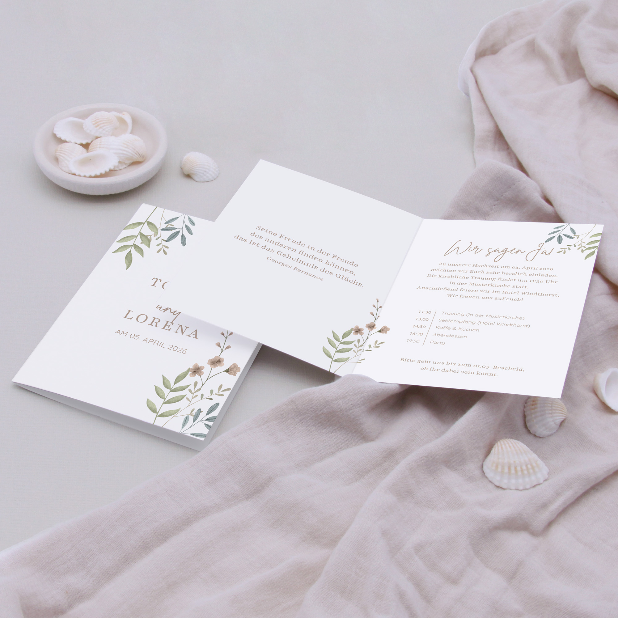 Klappkarte DIN A6 im Hochformat - Boho "Soft Leaves"