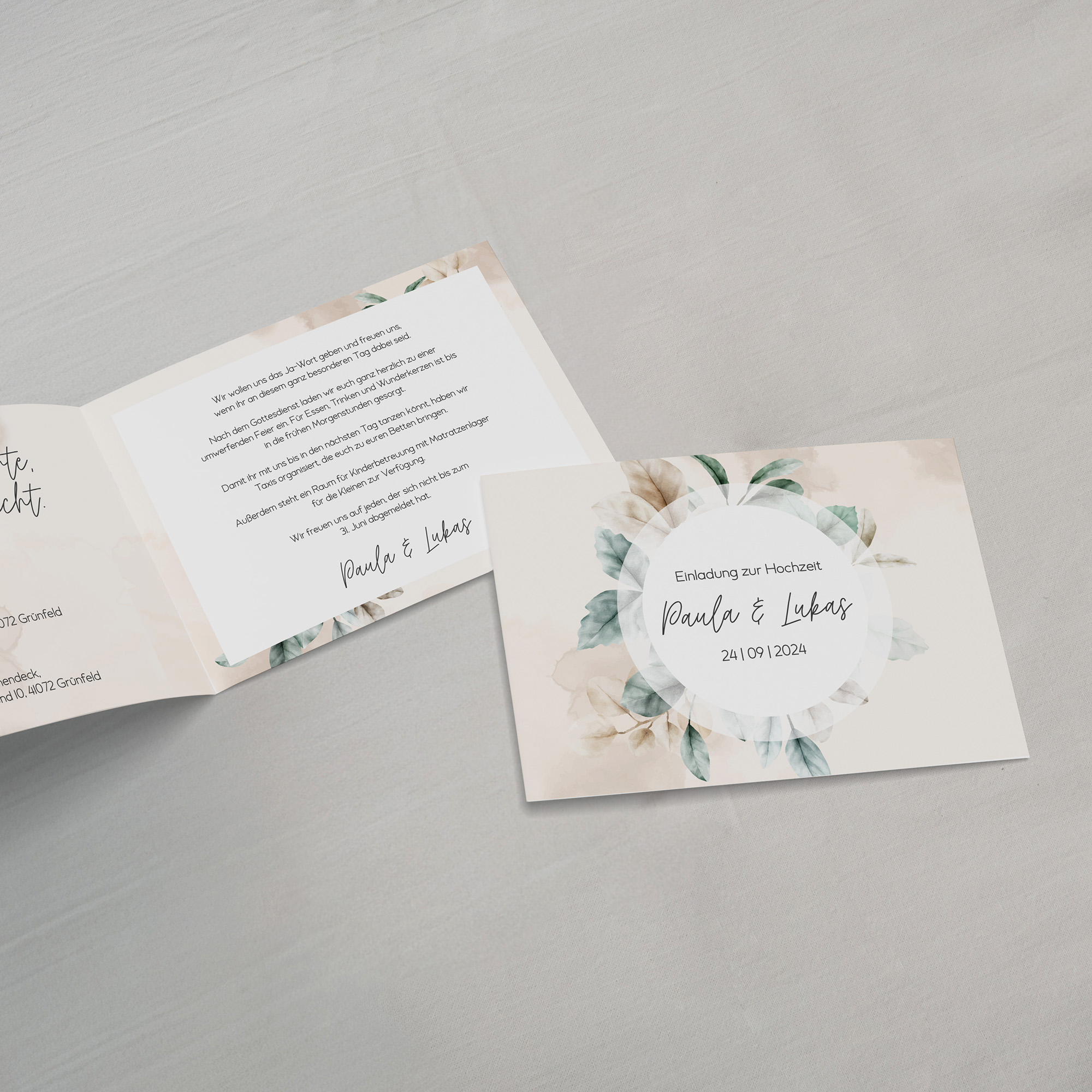 Klappkarte DIN A6 im Querformat - Aquarell "leaf & taupe"