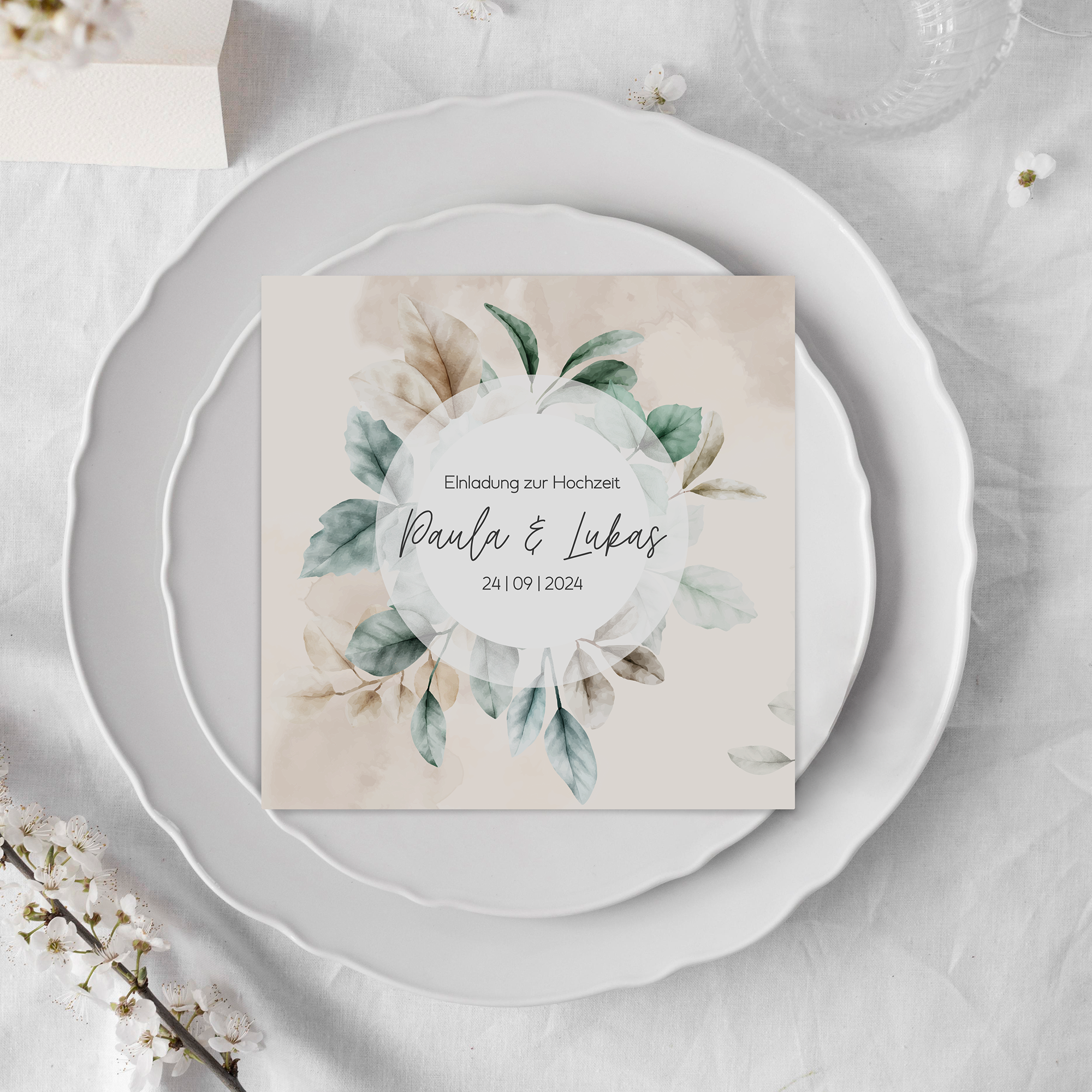 Postkarte Quadrat - Aquarell "leaf & taupe"