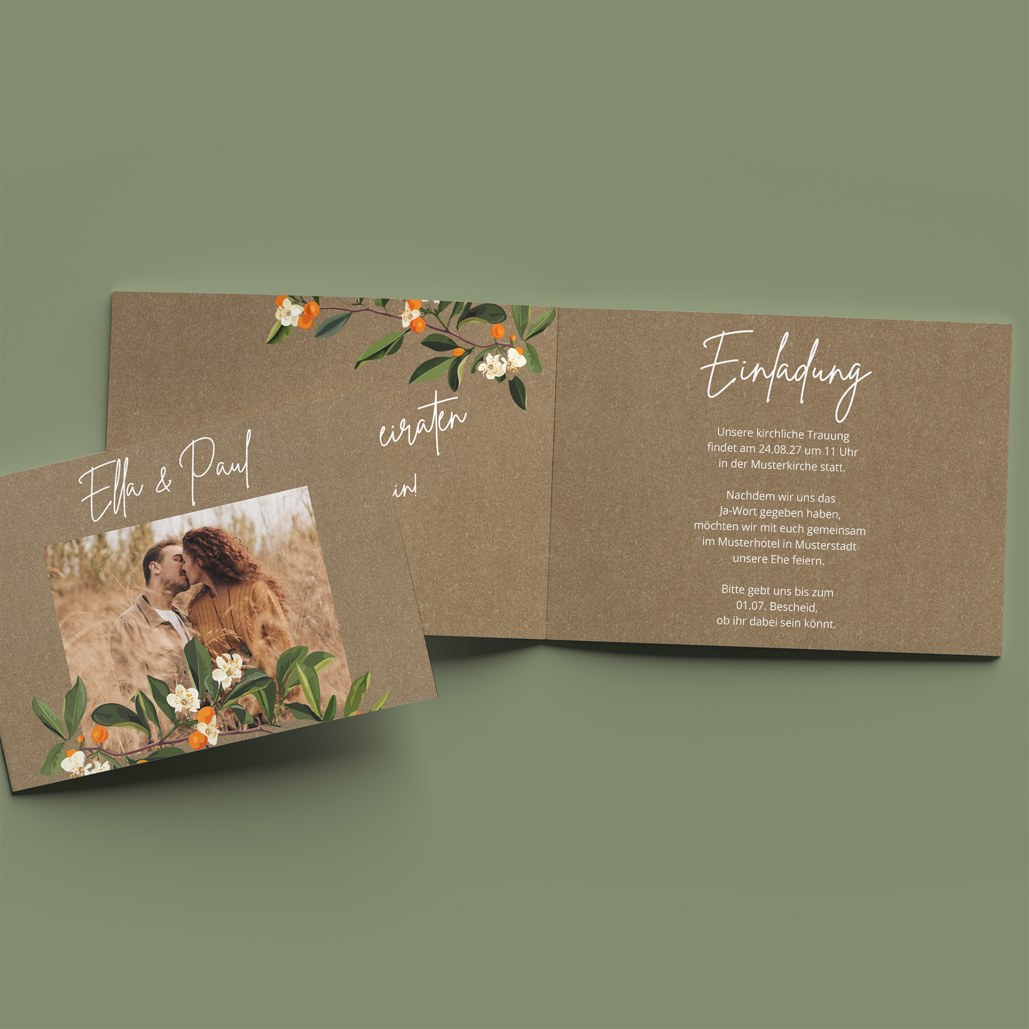 Klappkarte DIN A6 im Querformat - Greenery "orange craft"