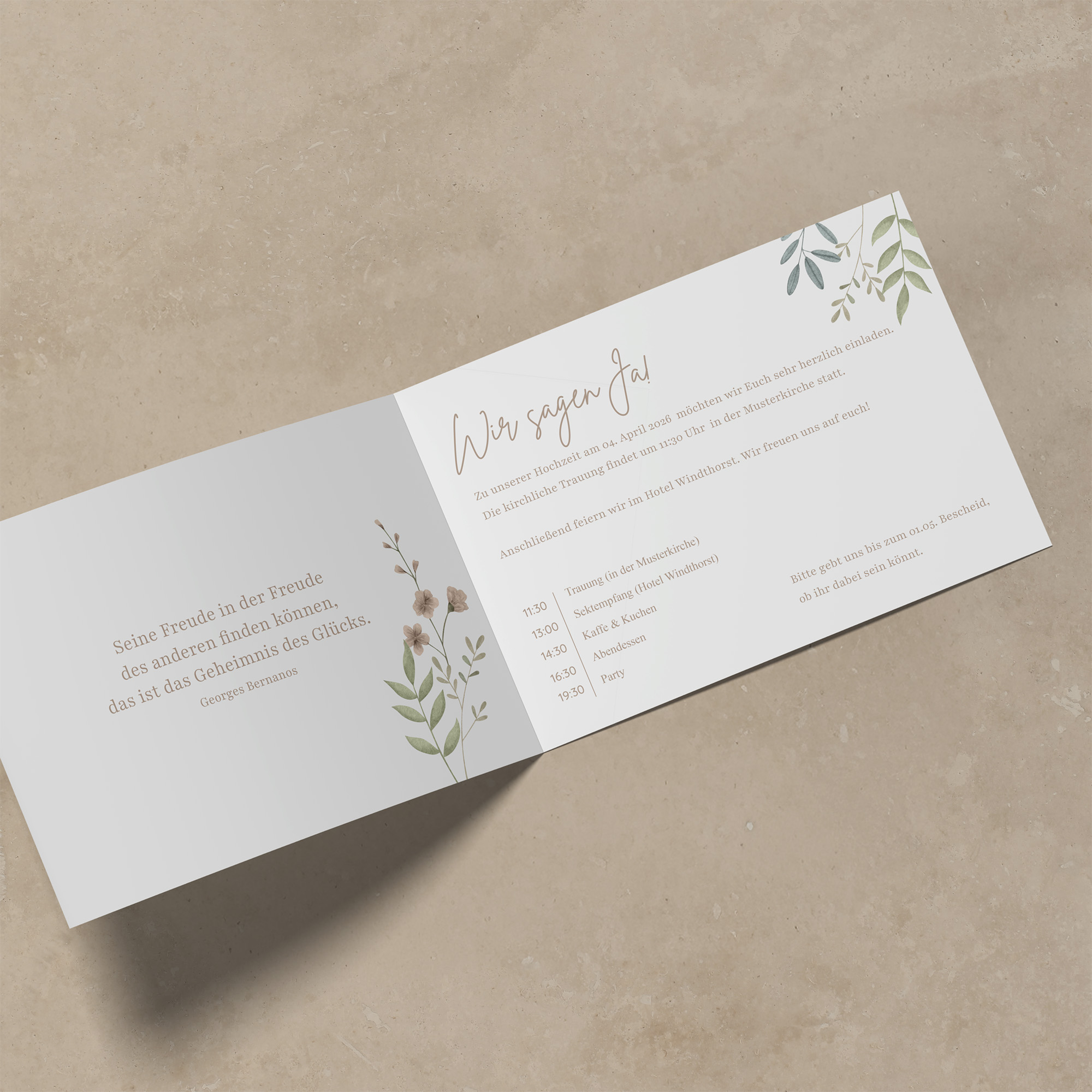 Klappkarte DIN A6 im Querformat - Boho "Soft Leaves"