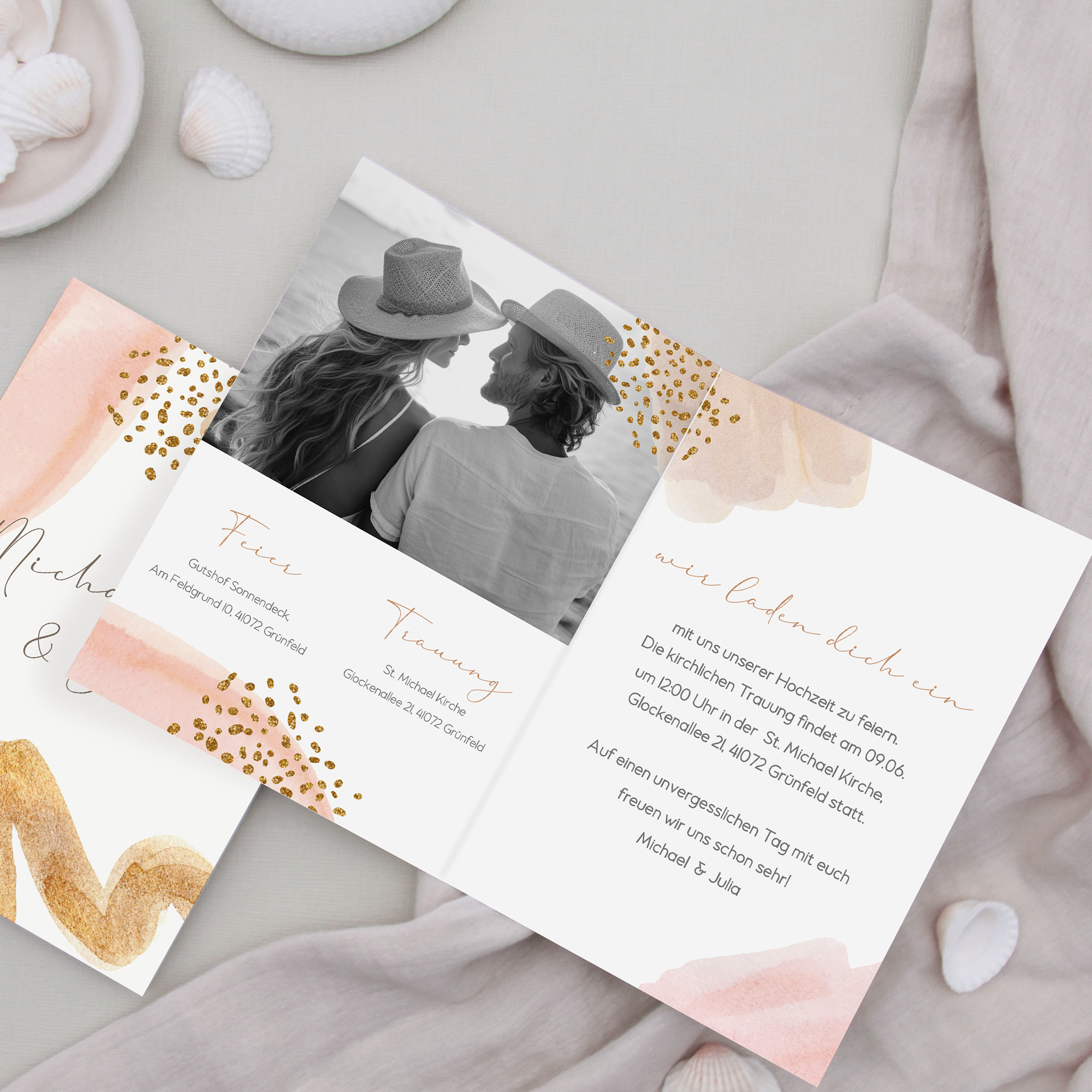 Klappkarte DIN A6 im Hochformat -Aquarell "Golden Blush"