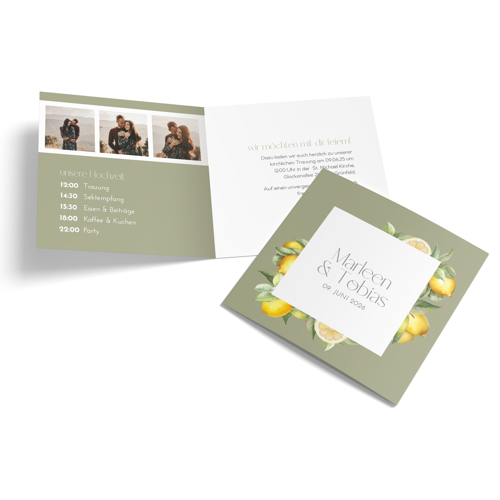 Klappkarte Quadratisch 148 x 148 mm - Aquarell - "Olive & Lemon"