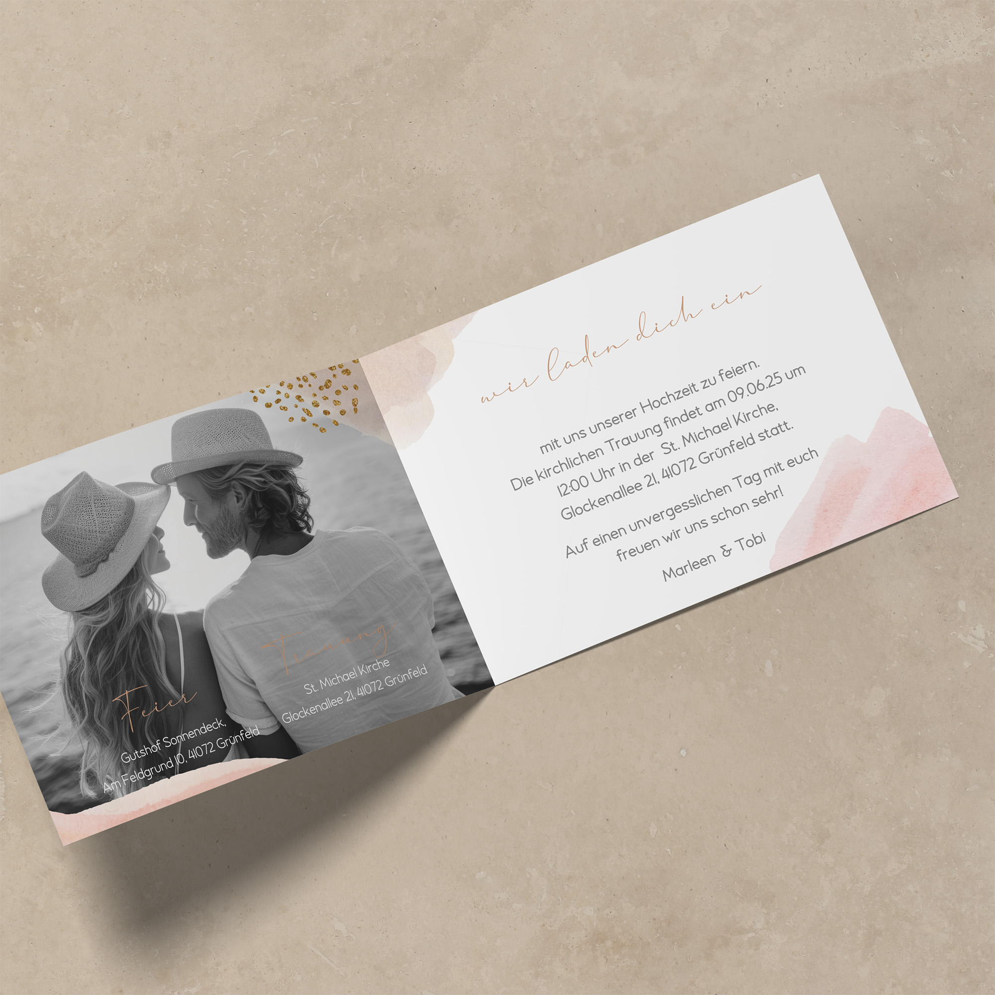 Klappkarte DIN A6 im Querformat - Aquarell "Golden Blush"