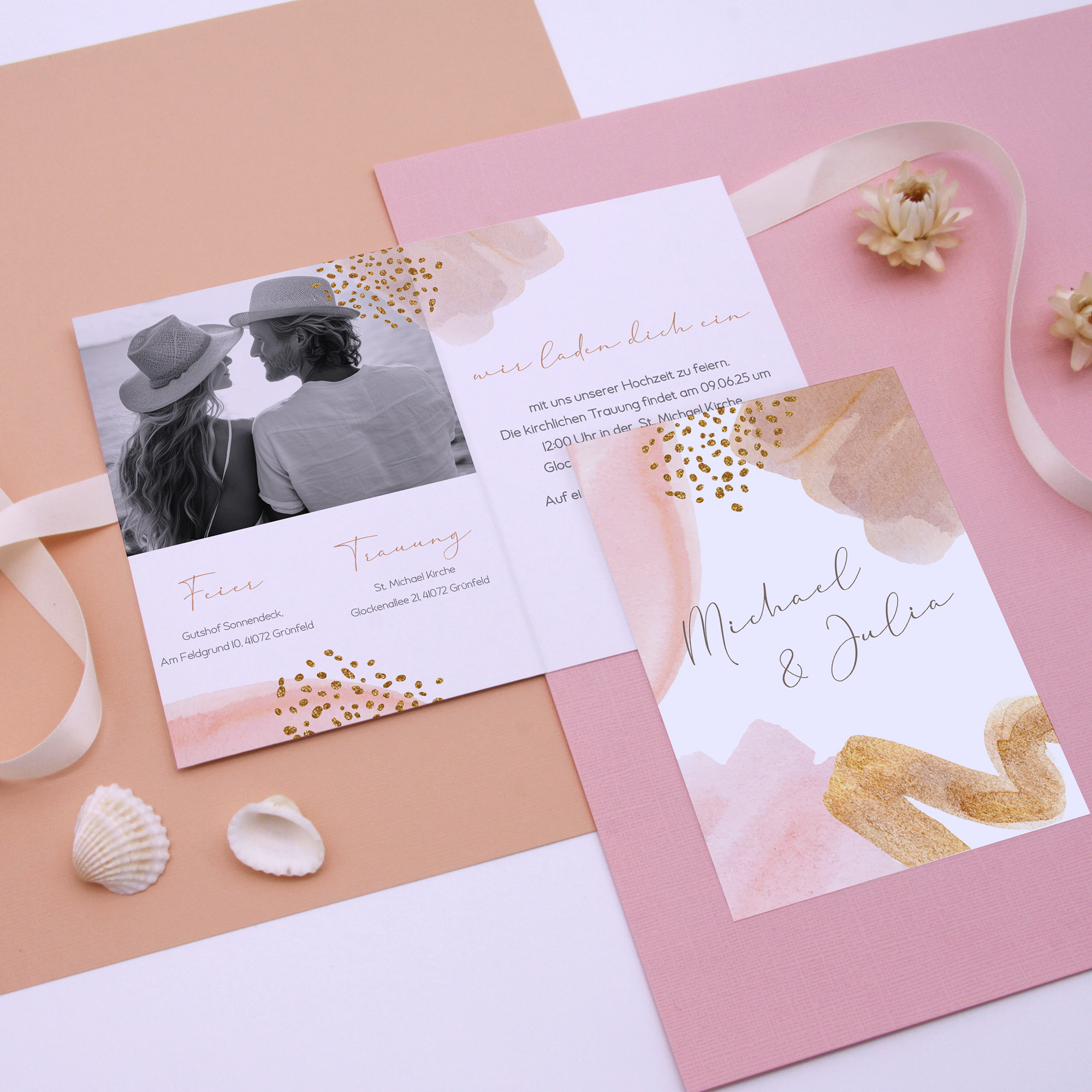 Klappkarte DIN A6 im Hochformat -Aquarell "Golden Blush"