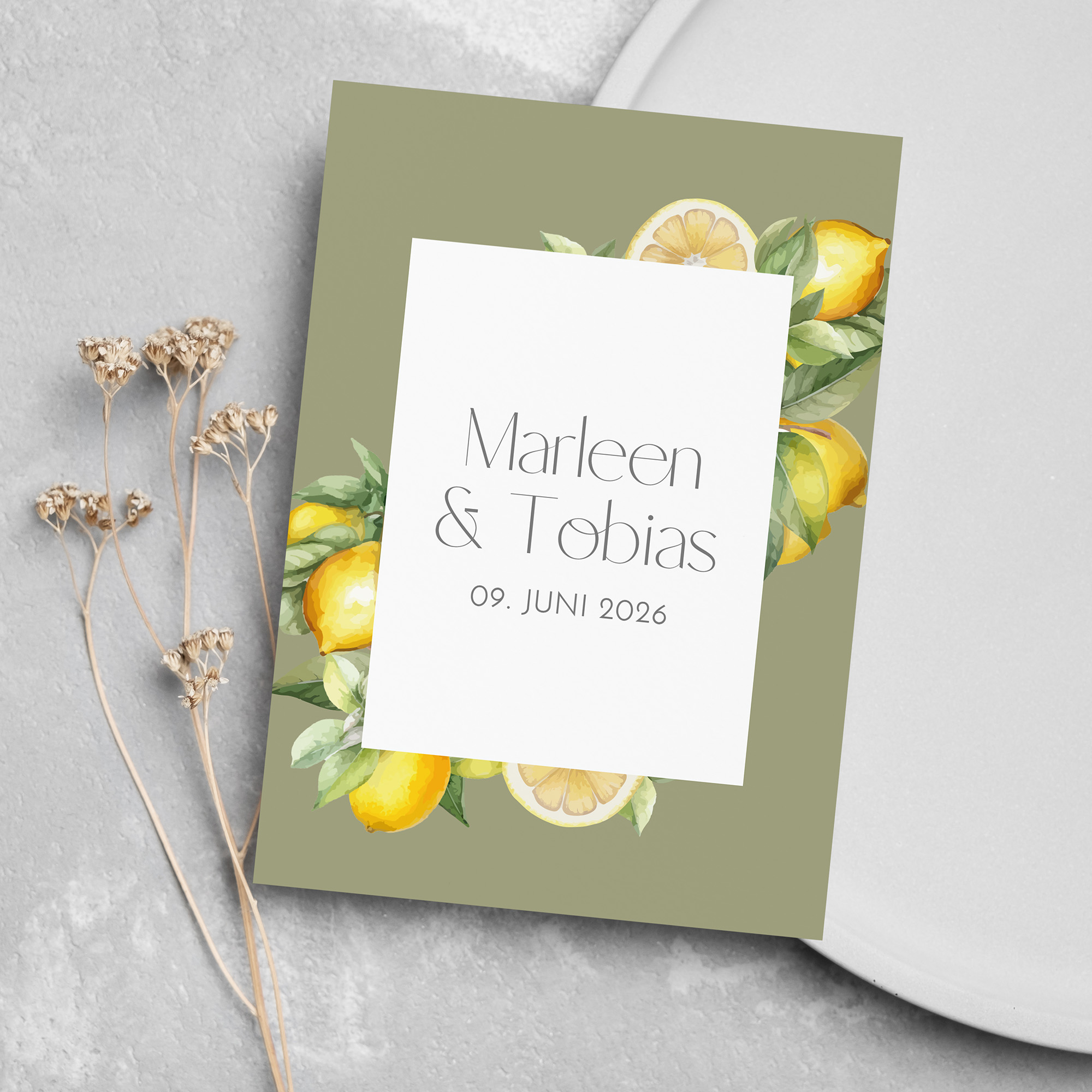 Postkarte DIN A6 im Hochformat - Aquarell "Olive & Lemon"