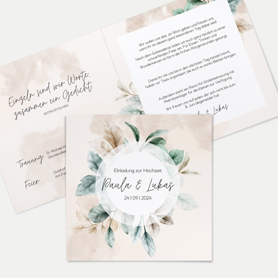 Klappkarte Quadratisch 148 x 148 mm - Aquarell - "leaf & taupe"