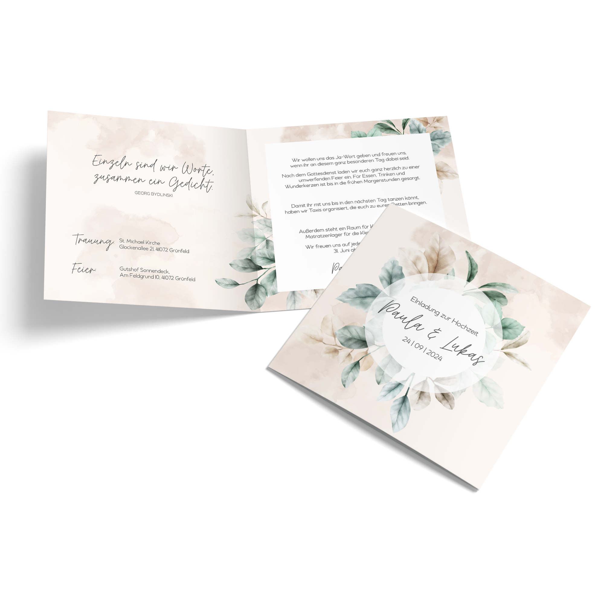 Klappkarte Quadratisch 148 x 148 mm - Aquarell - "leaf & taupe"