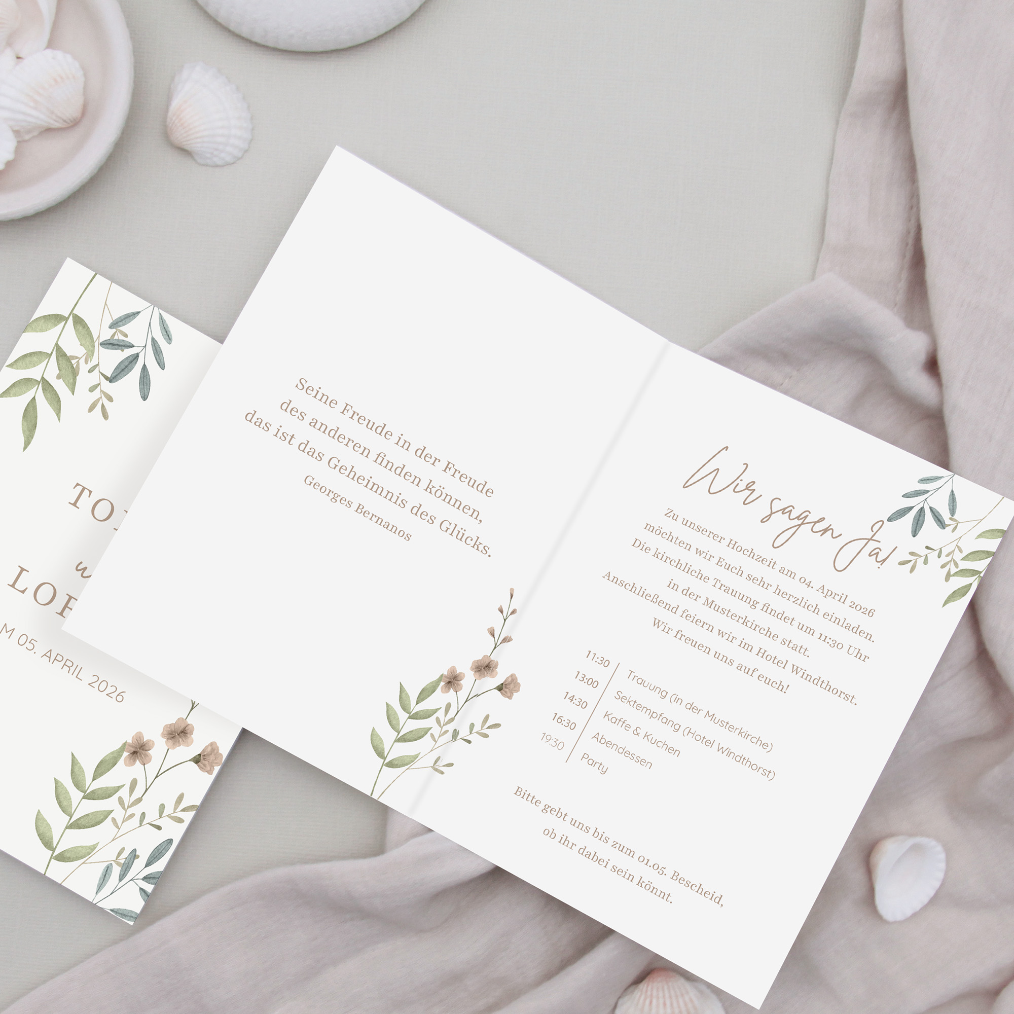 Klappkarte DIN A6 im Hochformat - Boho "Soft Leaves"