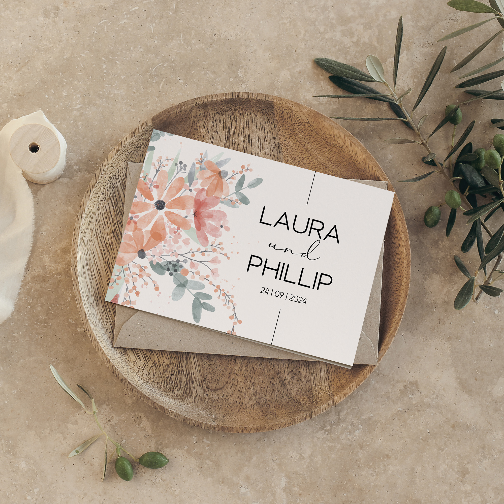 Klappkarte DIN A6 im Querformat - Aquarell "terracotta bloom"