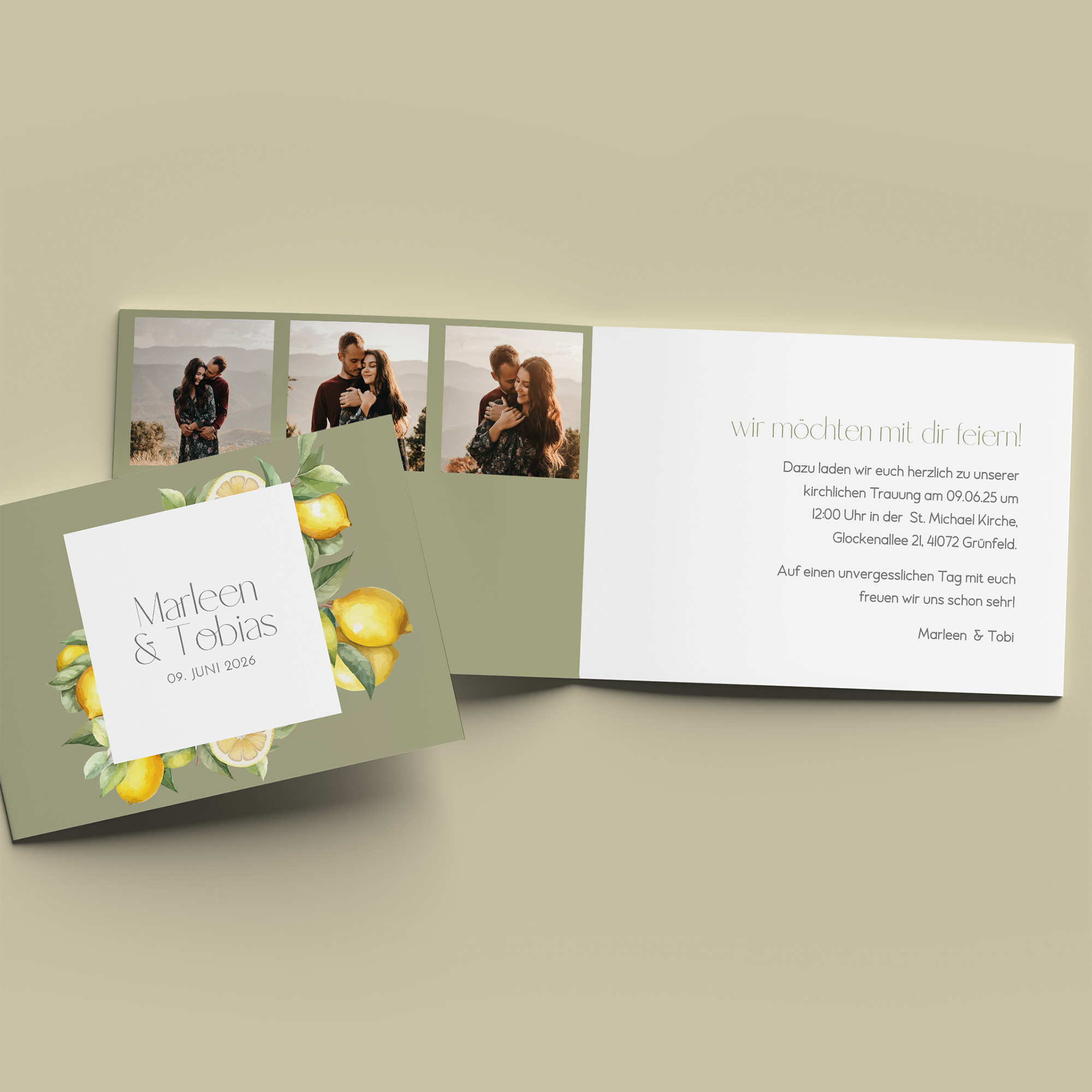 Klappkarte DIN A6 im Querformat - Aquarell "Olive & Lemon"