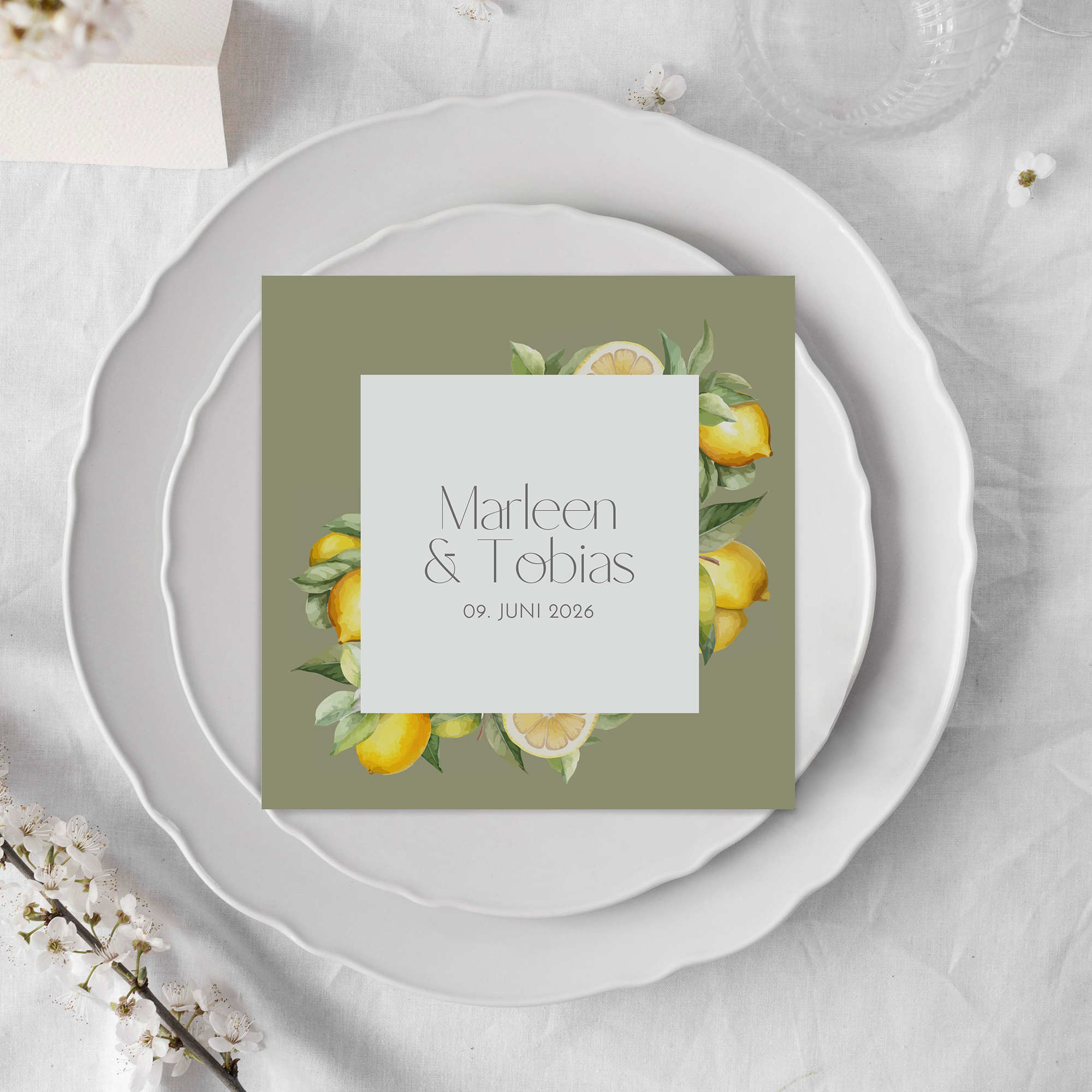 Postkarte Quadrat - Aquarell "Olive & Lemon"