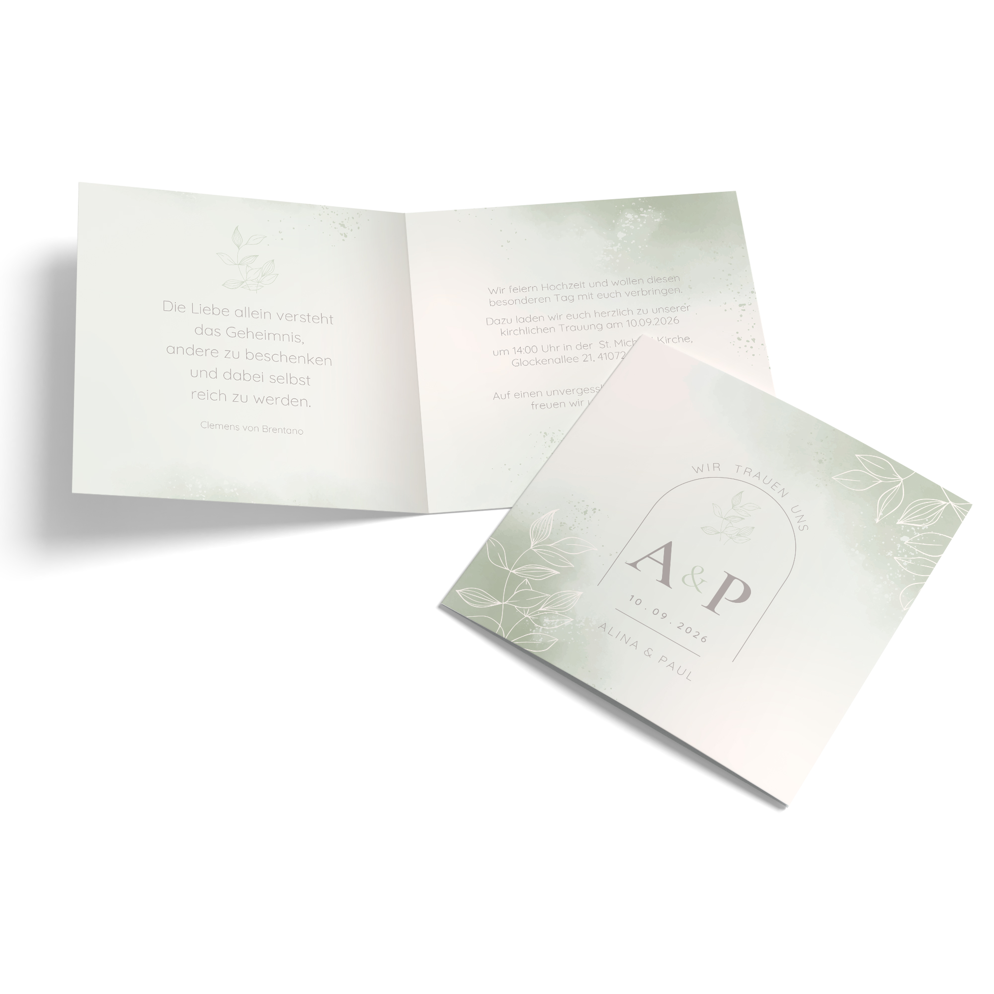 Klappkarte Quadratisch 148 x 148 mm - Aquarell - "faded green"