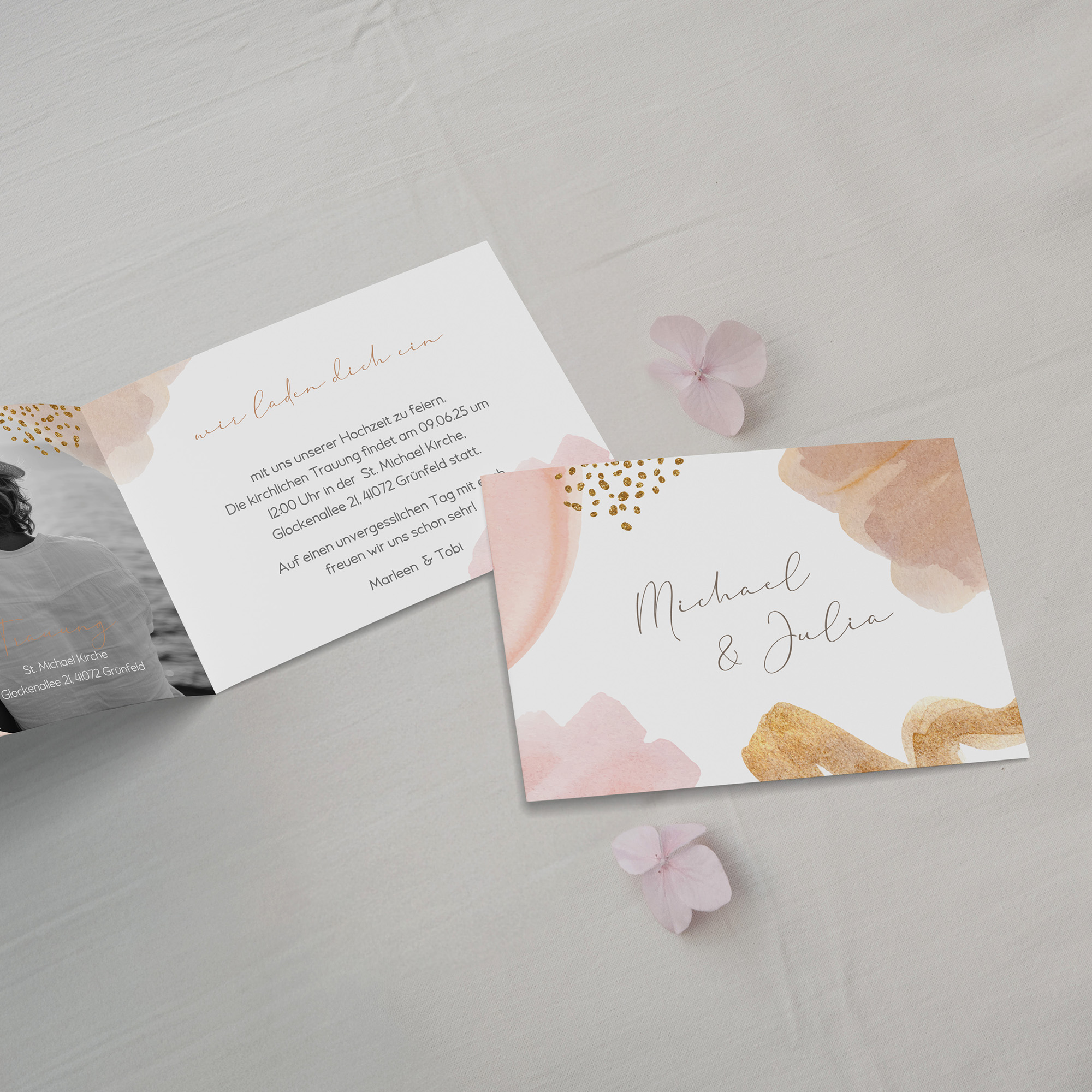 Klappkarte DIN A6 im Querformat - Aquarell "Golden Blush"