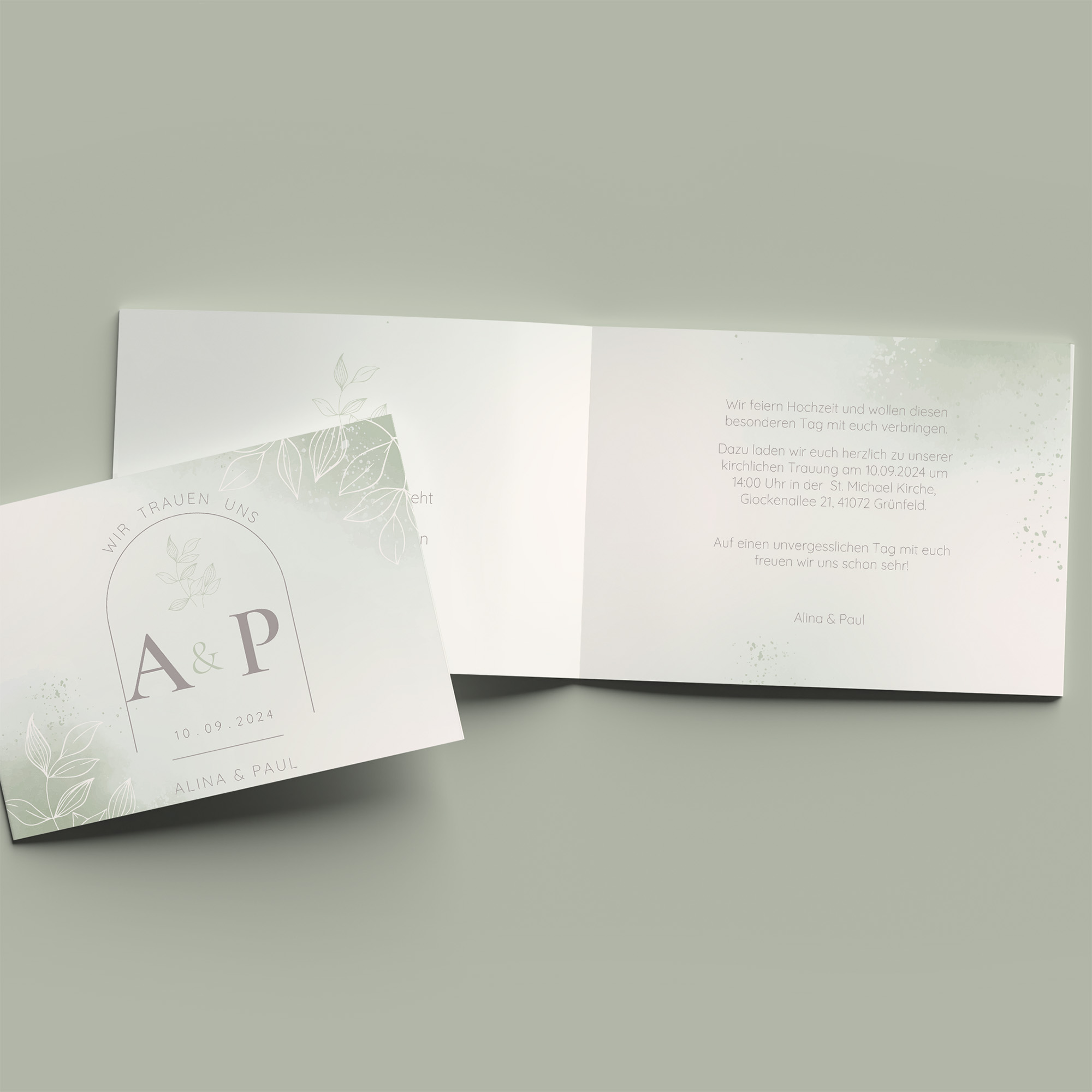 Klappkarte DIN A6 im Querformat - Aquarell "faded green"