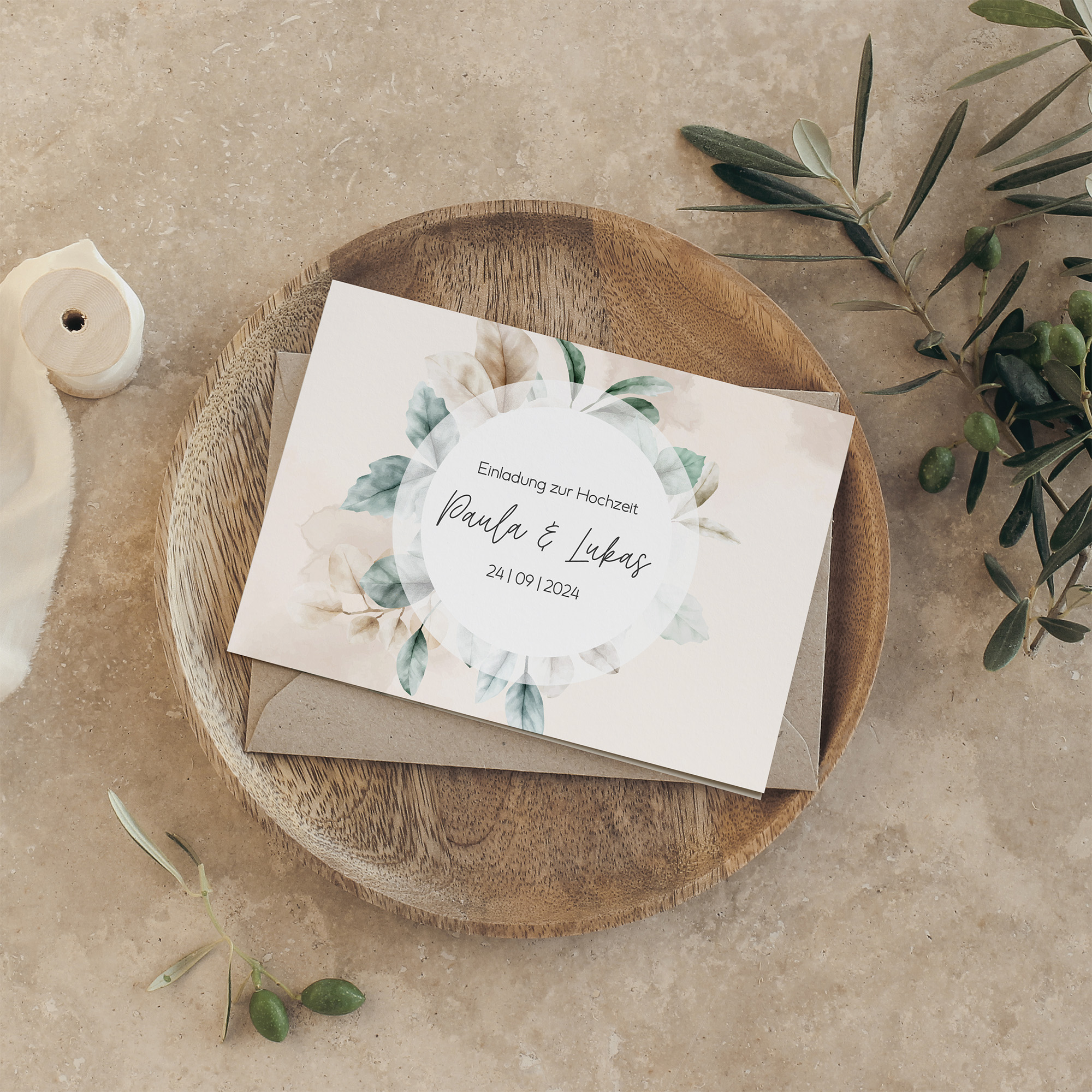 Klappkarte DIN A6 im Querformat - Aquarell "leaf & taupe"